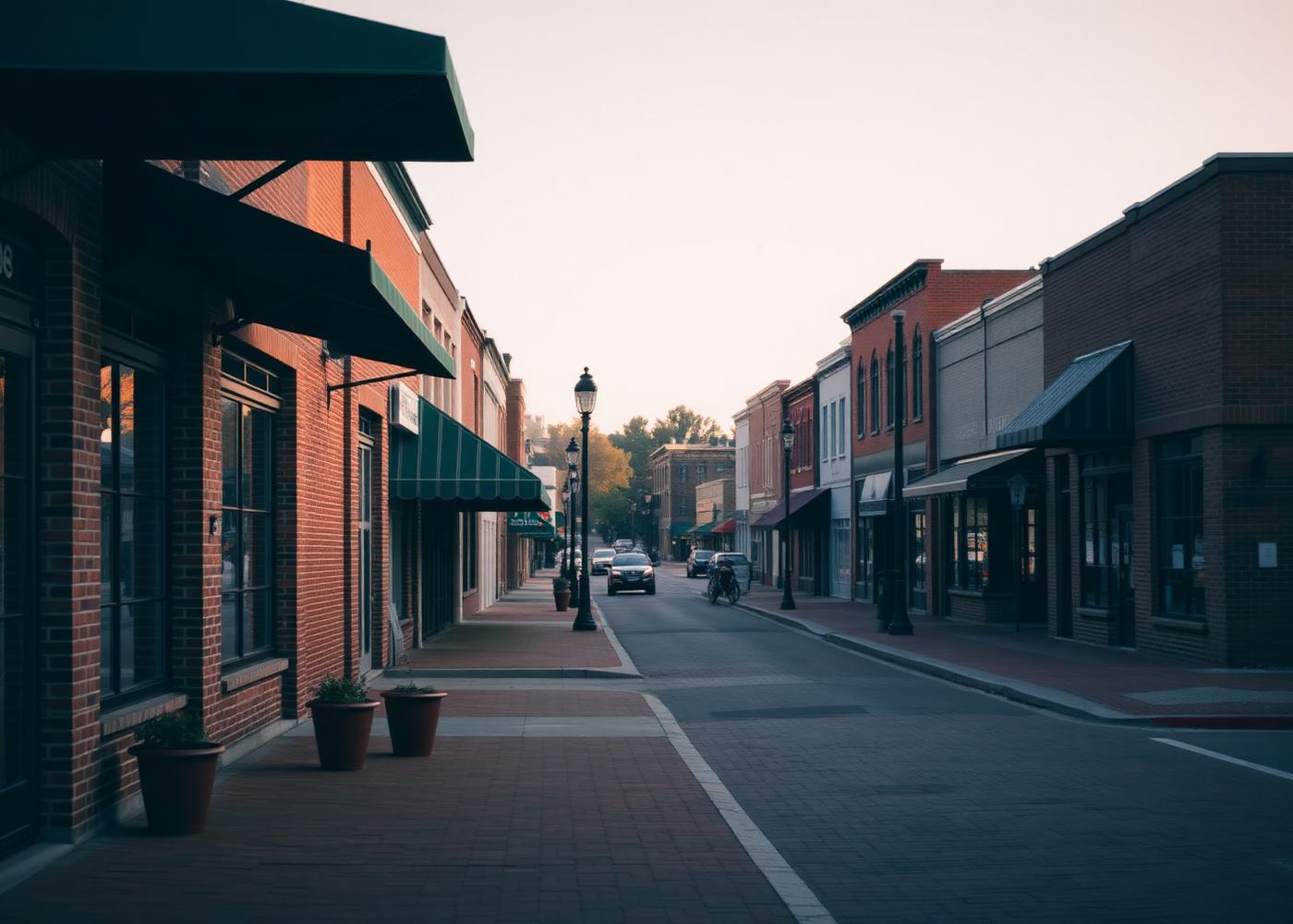 Quiet Southern main street lined with low brick commercial buildings and awnings at first light